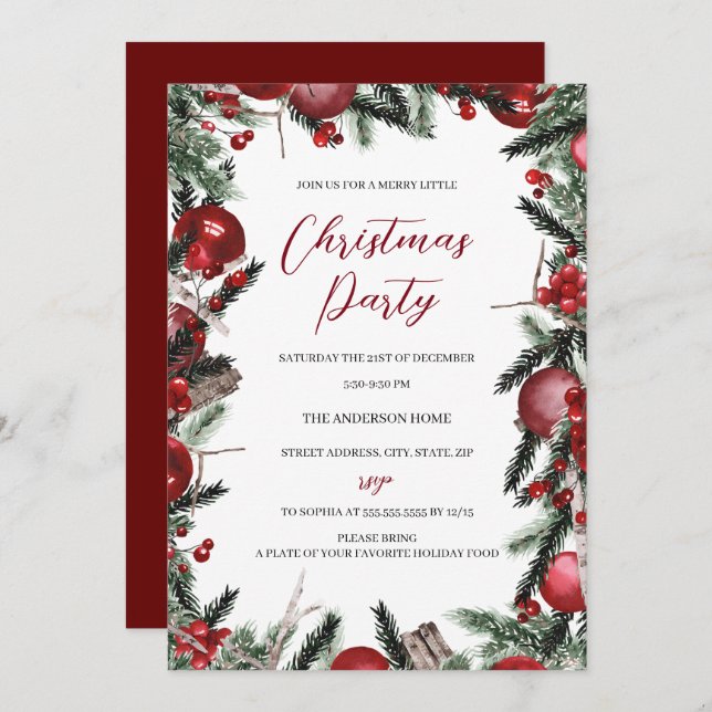Convites Festa Festiva Festiva Floral de Natal Branco Verme (Frente/Verso)