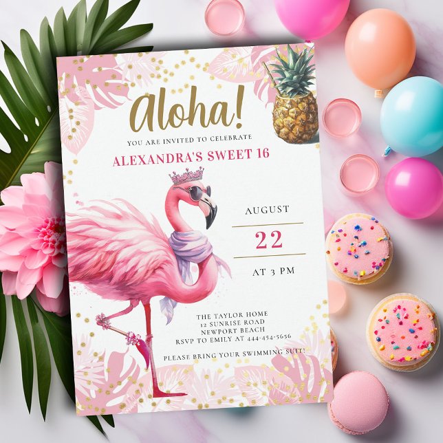 Convites Festa Flamingo Tropical Floral Rosa Aloha Doce 16 (pink flamingo sweet sixteen birthday party invitation pool beach summer pineapple cocktails cute fun)