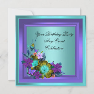 Convites Festa Floral Azul Turquesa Roxo Elegante