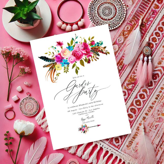 Convites Festa Floral Boho Chic Rosa Vibrante (Hot-Pink Boho Chic Floral Garden Party Invitation)