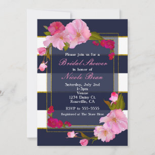 Convites Festa Floral Chic Moderna Azul Branco e Dourado