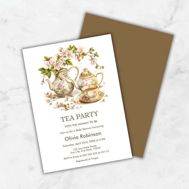 Convites Festa Floral de Chá para Chá de fraldas de Chá (Floral Teapot Tea Party Time for Tea Baby Shower Invitation )