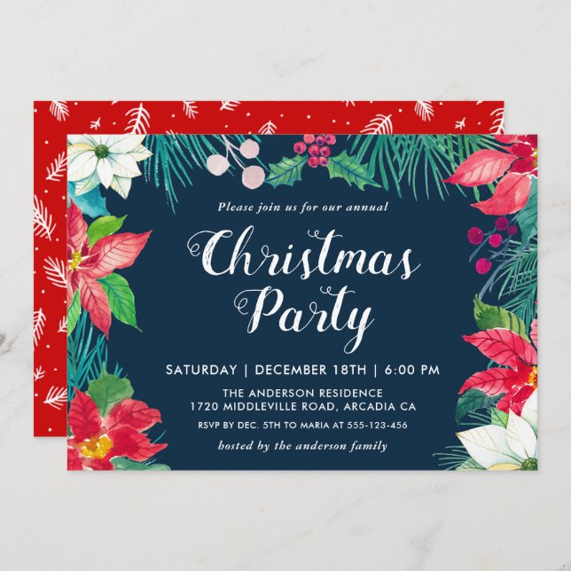 Convites Festa Floral de Férias do Natal Red Poinsettia (Frente/Verso)