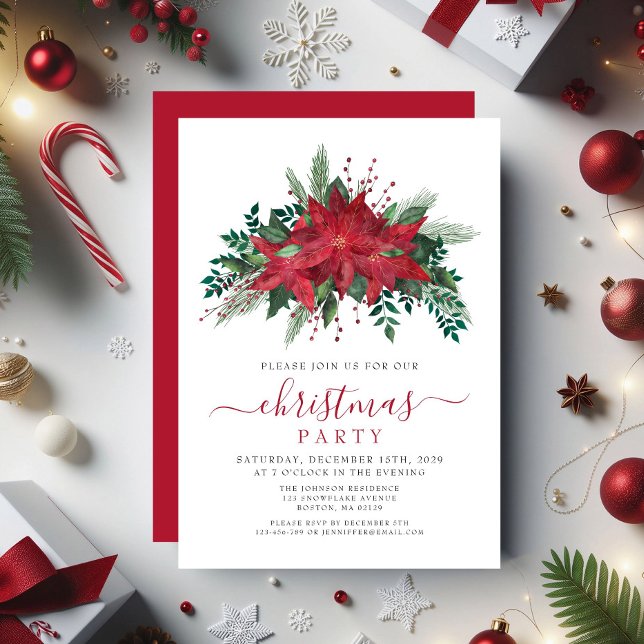 Convites Festa Floral de Natal do Elegante Red Poinsettia (Elegant Red Poinsettia Floral Christmas Party Invitation)