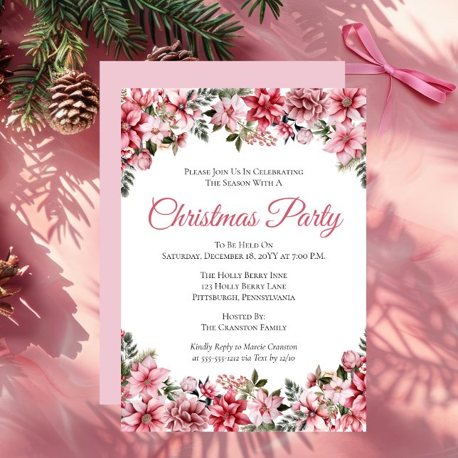 Convites Festa Floral de Natal Elegante Pink Poinsettias (Elegant Pink Poinsettias Floral Christmas Party Invitation)
