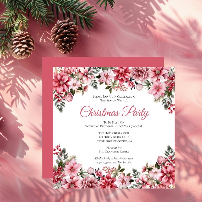 Convites Festa Floral de Natal Elegante Pink Poinsettias (Elegant Pink Poinsettias Floral Christmas Party Invitation)