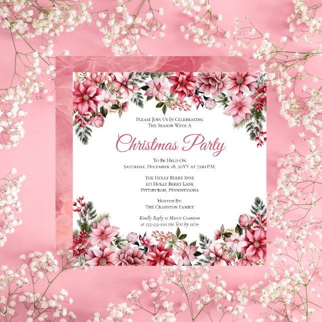 Convites Festa Floral de Natal Elegante Pink Poinsettias (Elegant Pink Poinsettias Floral Christmas Party Invitation)