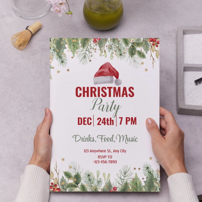 Convites Festa Floral de Natal Simples com Aquarela Branca (Simple White Watercolor Floral Christmas Party Invitation)