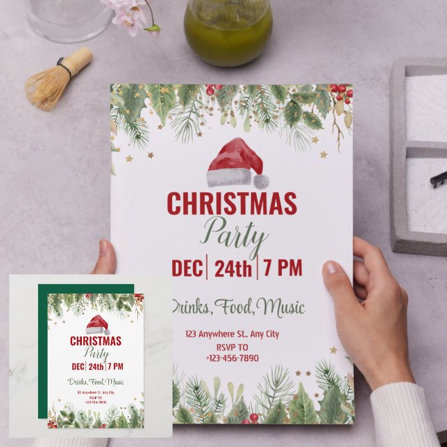 Convites Festa Floral de Natal Simples de Aquarela Verde (Simple Green Watercolor Floral Christmas Party Invitation)