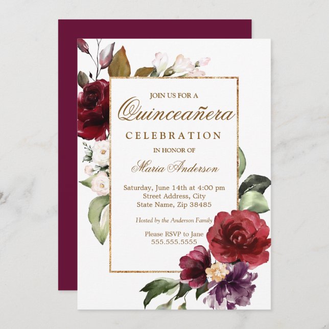 Convites Festa Floral Dourada da Fronteira de Quinceanera (Frente/Verso)