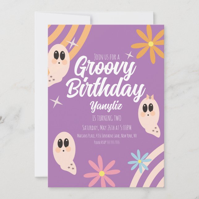 Convites Festa Floral Groovy Ghost Retro de Halloween (Frente)