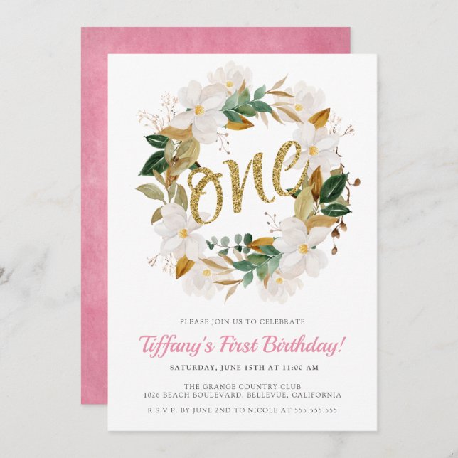 Convites Festa Floral Magnolia Rosa e Dourada do primeiro a (Frente/Verso)