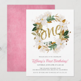 Convites Festa Floral Magnolia Rosa e Dourada do primeiro a