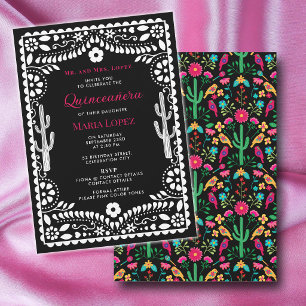 Convites Festa Floral Mexicana Rosa Preto Quinceañera