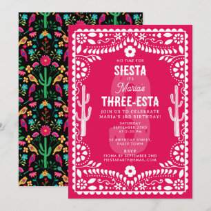 Convites Festa Floral Mexicana Rosa Três-Estas 3º Aniversár