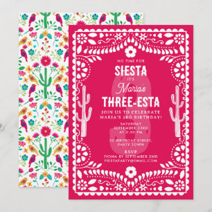 Convites Festa Floral Mexicana Rosa Três-Estes 3º Aniversár