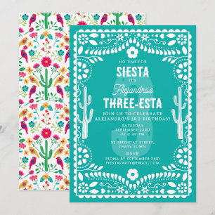 Convites Festa Floral Mexicana Teal Três-Estrelas 3º Aniver