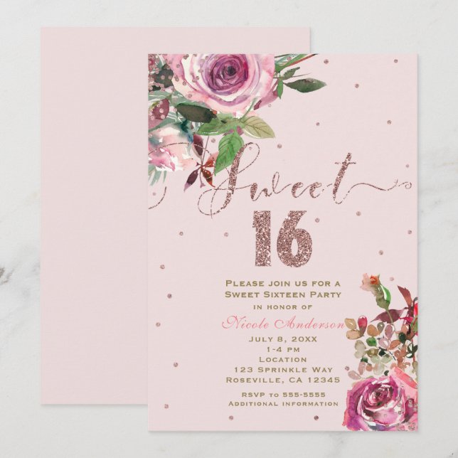 Convites Festa Floral Moderna Rosa Bege Dourado SWEET 16 (Frente/Verso)