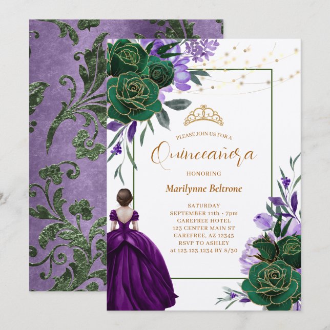 Convites Festa Floral Quinceañera Princesa Roxa (Frente/Verso)