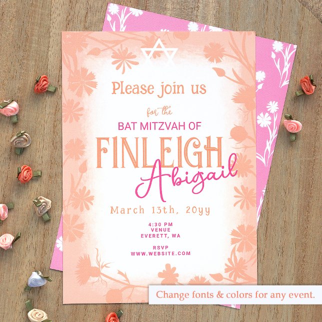 Convites Festa Floral Rosa e Pêssego (Peach, Pink Bat Mitzvah Invitation with Floral Border, Chic Wild Flower Design)