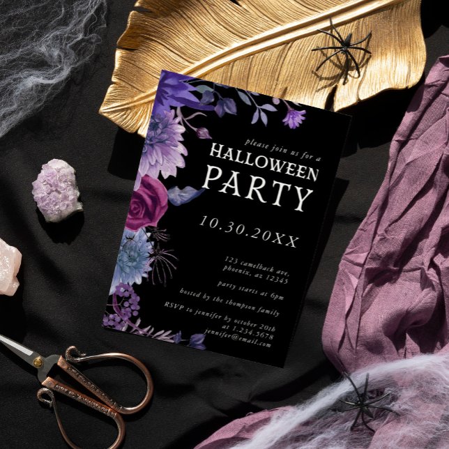 Convites Festa Floral Roxo do Halloween (Halloween Purple Gothic Floral Party Invitation)