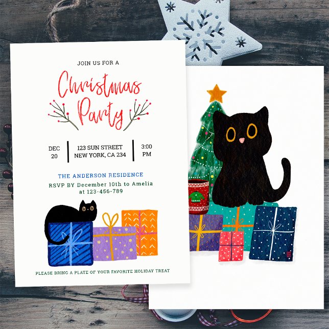 Convites Festa Fofa Arte de Café com Gato Preto Natal (Front and Back)