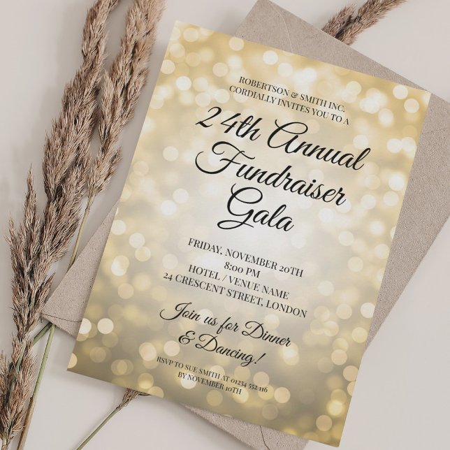 Convites Festa Formal de Arrecadação Corporativa Luzes Dour (Formal Corporate Fundraiser Party Gold Lights Invitation)