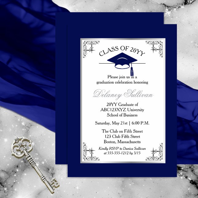 Convites Festa Formal de Formandos Azul Elegante (Elegant Formal Silver Tone and Dark Royal Blue College | University Graduation Party Invitation )
