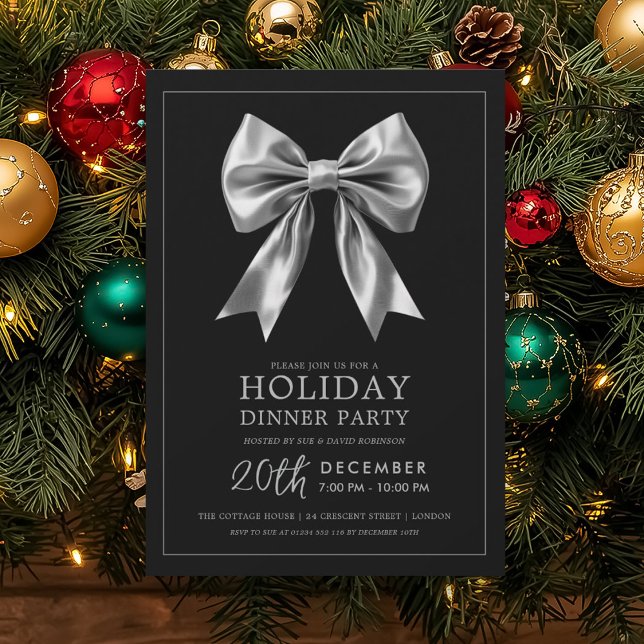 Convites Festa Formal de Jantar de Natal com Laço de Cetim  (Formal Holiday Dinner Party Silver Satin Bow Black Invitation)