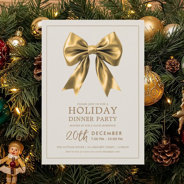 Convites Festa Formal de Jantar de Natal com Laço de Cetim  (Formal Holiday Dinner Party Gold Satin Bow Invitation)