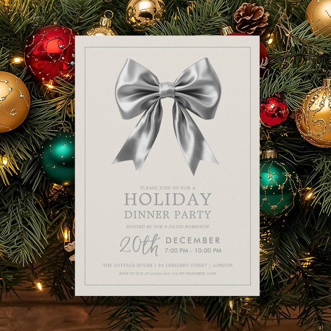 Convites Festa Formal de Jantar de Natal com Laço de Seda P (Formal Holiday Dinner Party Silver Satin Bow Invitation)