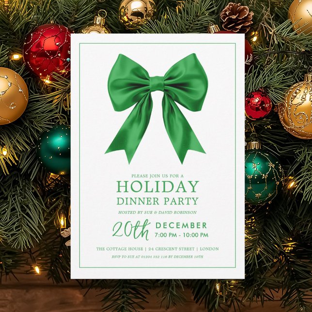 Convites Festa Formal de Natal Laço de Seda Verde (Formal Holiday Dinner Party Green Satin Bow Invitation)