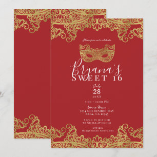 Convites Festa Fortune Red & Gold Lace Masquerade Doce 16