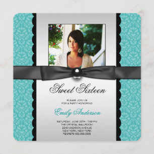 Convites Festa Foto Sweet 16 Damask Verde Teal