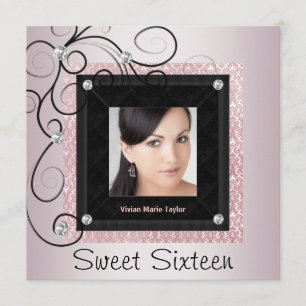 Convites Festa Foto Sweet 16 Rosa e Preto Damask