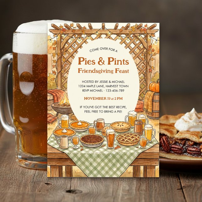 Convites Festa Friendsgiving de Tortas Rústicas e Canecas (Friendsgiving Pies & Pints Thanksgiving Invitation by Darling & May)