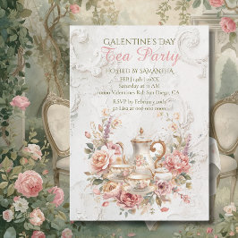 Convites Festa Galentine do Chá Floral Rococó Rosa Suave