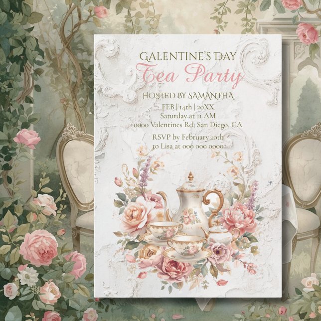 Convites Festa Galentine do Chá Floral Rococó Rosa Suave (Criador carregado)
