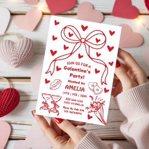 Convites Festa Galentine vermelha com laço, Noite de Valent