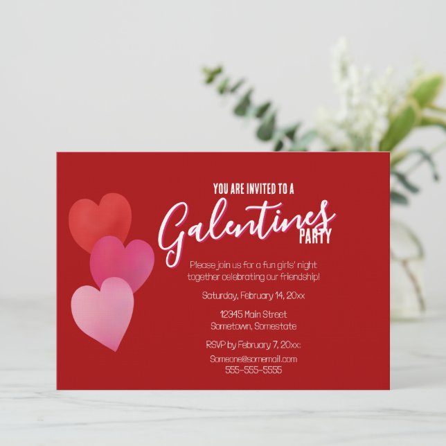 Convites Festa Galentines com 3 Corações em Vermelho (Em pé/Frente)