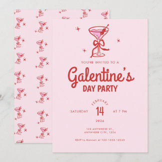 Convites Festa Galentine's Day Coquetel com Laço Vermelho F