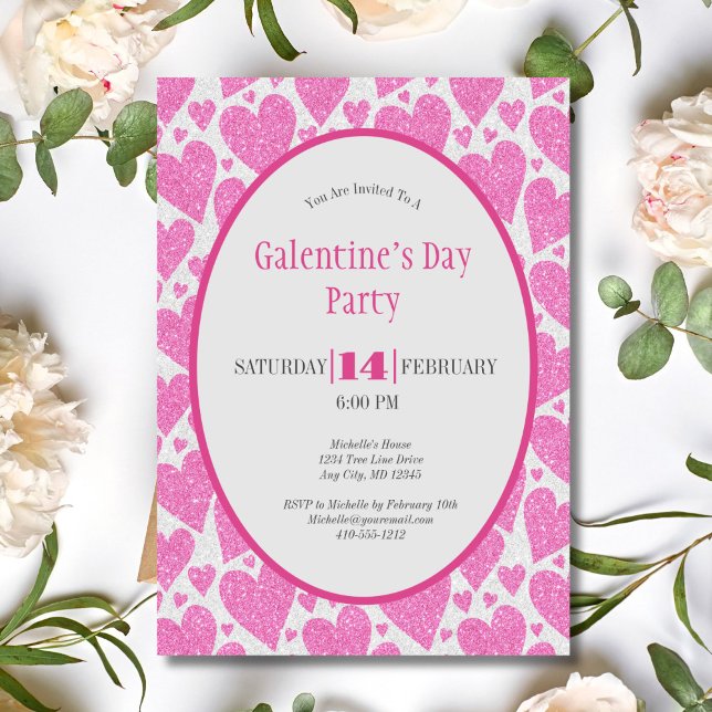 Convites Festa Galentine's Day de Corações Rosa (Pink Hearts Glitter sparkle Galentine's Valentines Day Party Invitaiton)