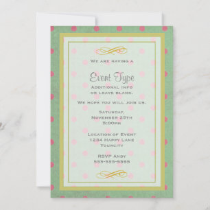 Convites Festa Genérica Verde Vintage com Bolinhas Cor-de-R