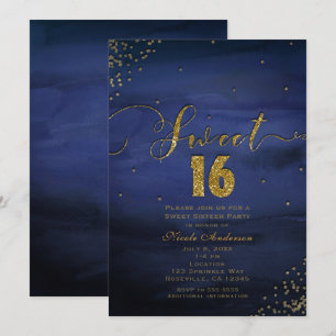 Convites Festa Glam Moderno Aquarela Azul e Dourado SWEET 1