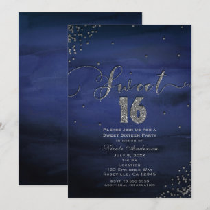 Convites Festa Glam Moderno Aquarela Azul Prata SWEET 16