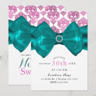 Convites Festa Glam Sweet 16 com Laço Teal e Damask Rosa e 