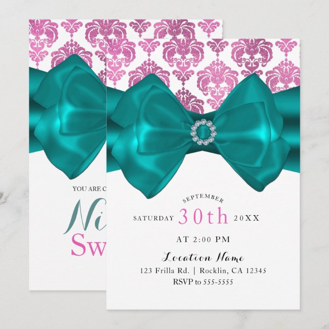 Convites Festa Glam Sweet 16 com Laço Teal e Damask Rosa e  (Frente/Verso)