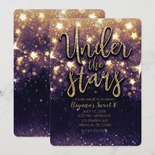 Convites Festa Glitter Dourado Roxo Sob as Estrelas (Frente/Verso)