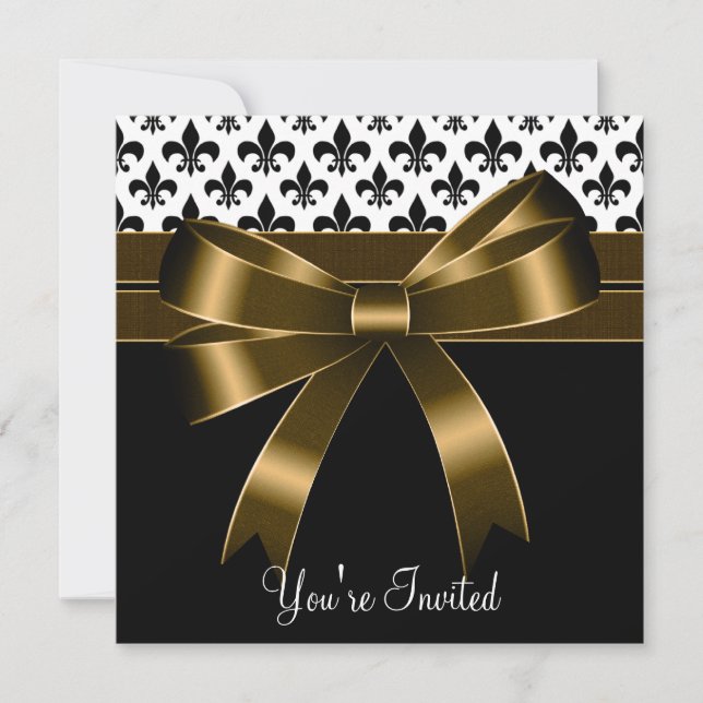 Convites Festa Gold & Black Fleur De Lis (Frente)