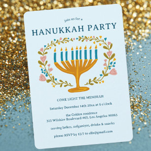 Convites FESTA HANUKKAH, Menorah, coroa floral, CADEIA